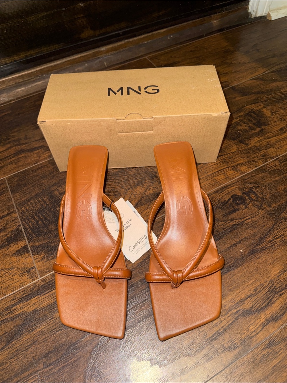 Mango Knotted Square-Toe Leather Slide Kitten Heels